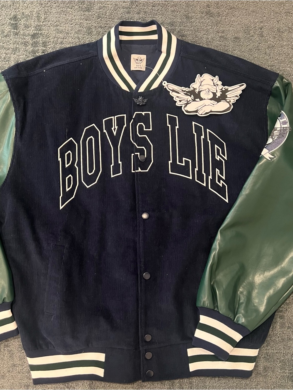 Boys Lie Navy and Green Varsity Jacket with Crest and Lettering